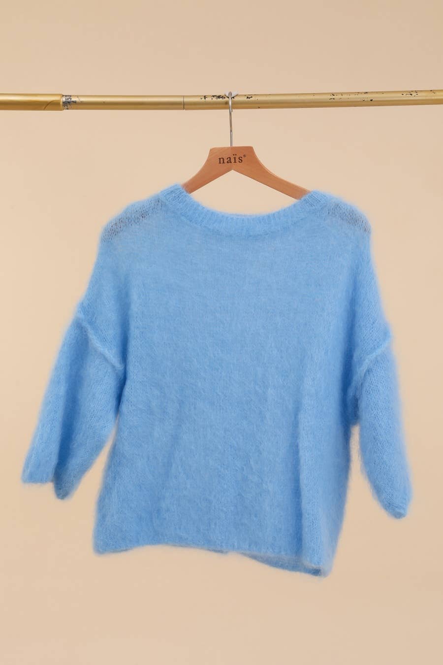 SHORT SLEEVE ROUND NECK SWEATER IN 80% KID MOHAIR: Sky Blue / One size