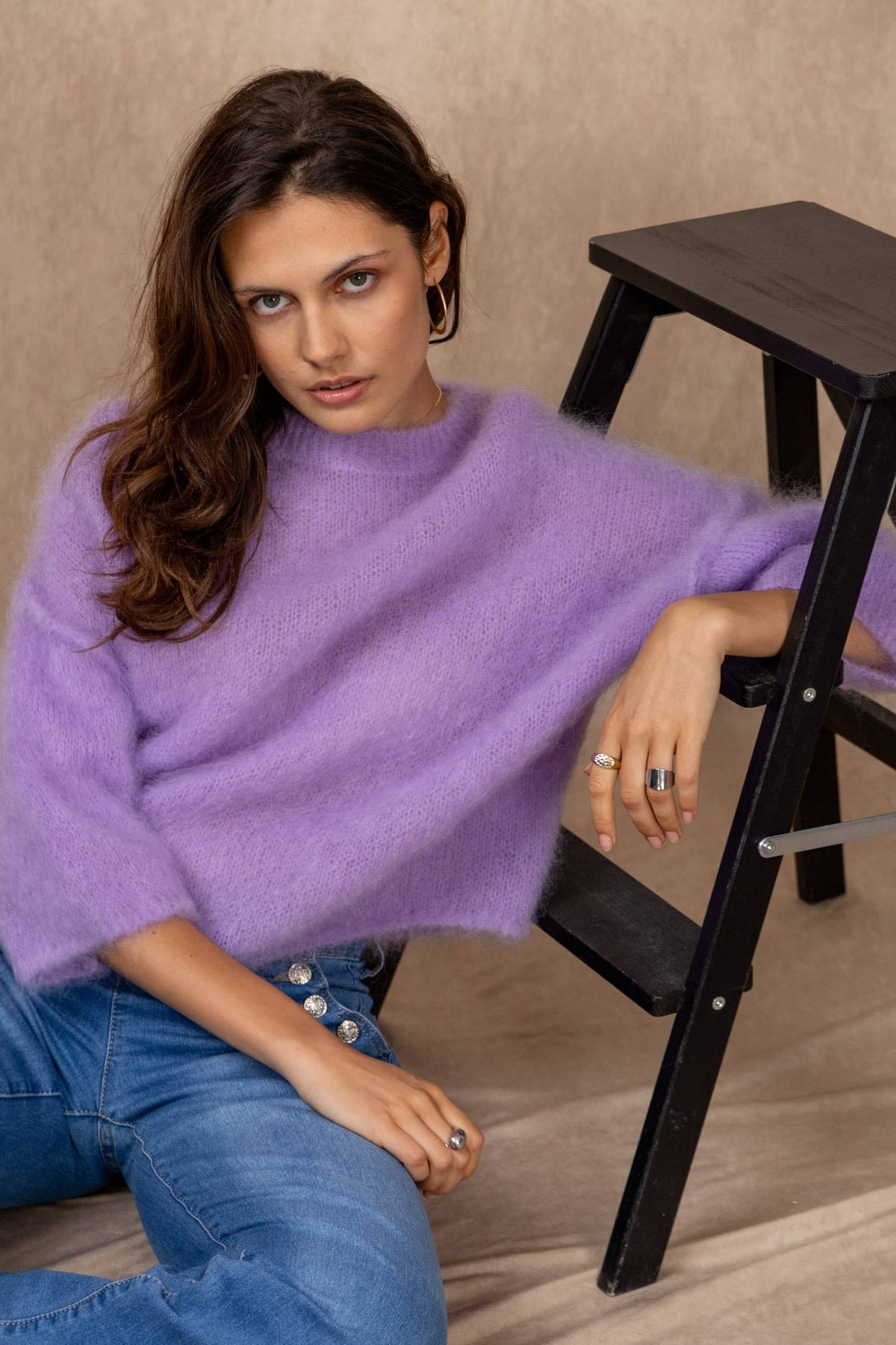 SHORT SLEEVE ROUND NECK SWEATER IN 80% KID MOHAIR: Lilas / One size