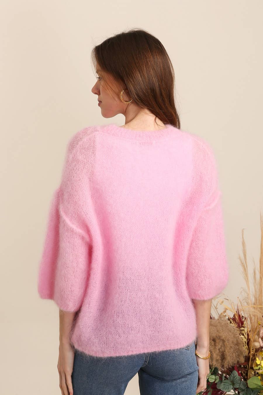 SHORT SLEEVE ROUND NECK SWEATER IN 80% KID MOHAIR: Lilas / One size