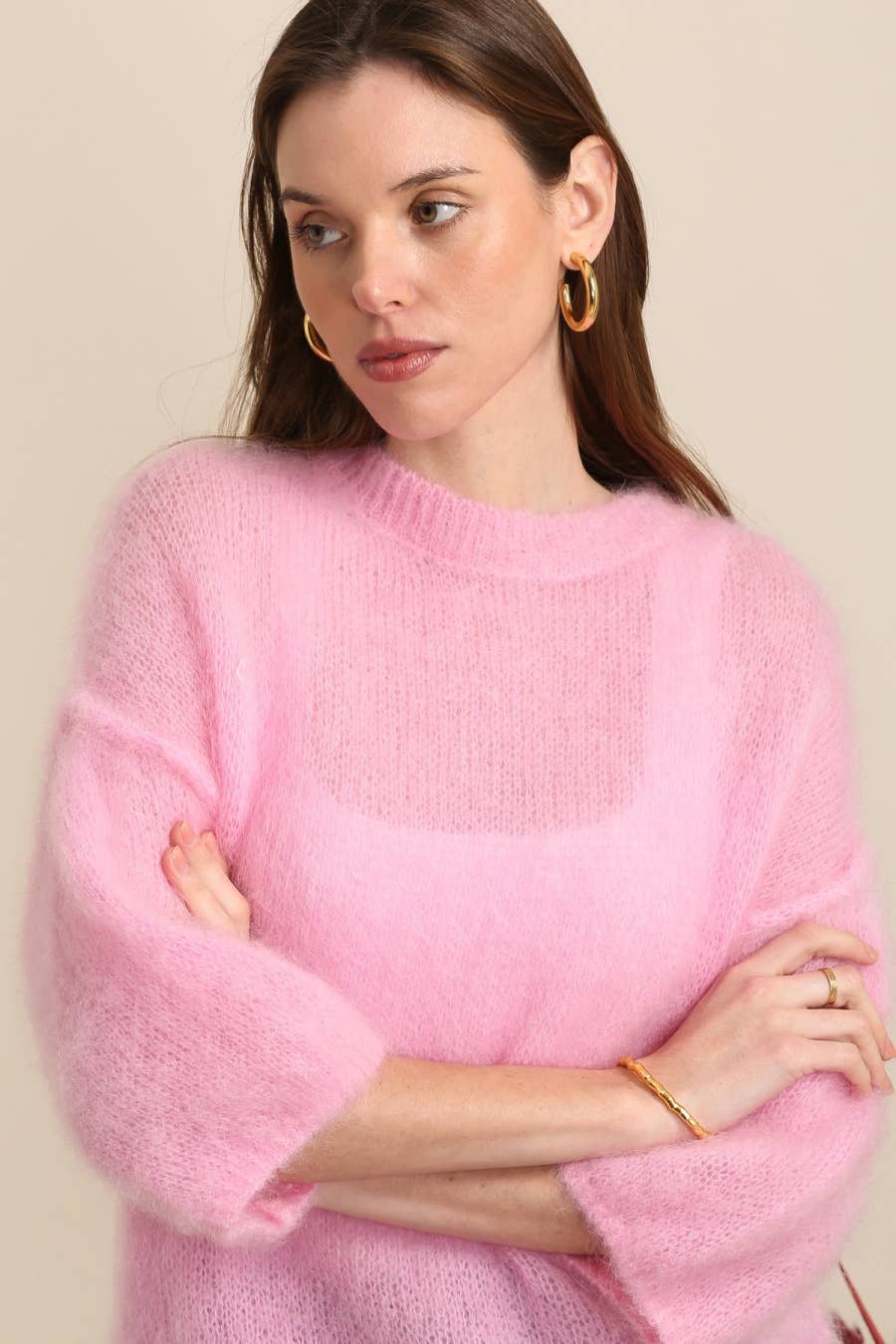 SHORT SLEEVE ROUND NECK SWEATER IN 80% KID MOHAIR: Beige / One size