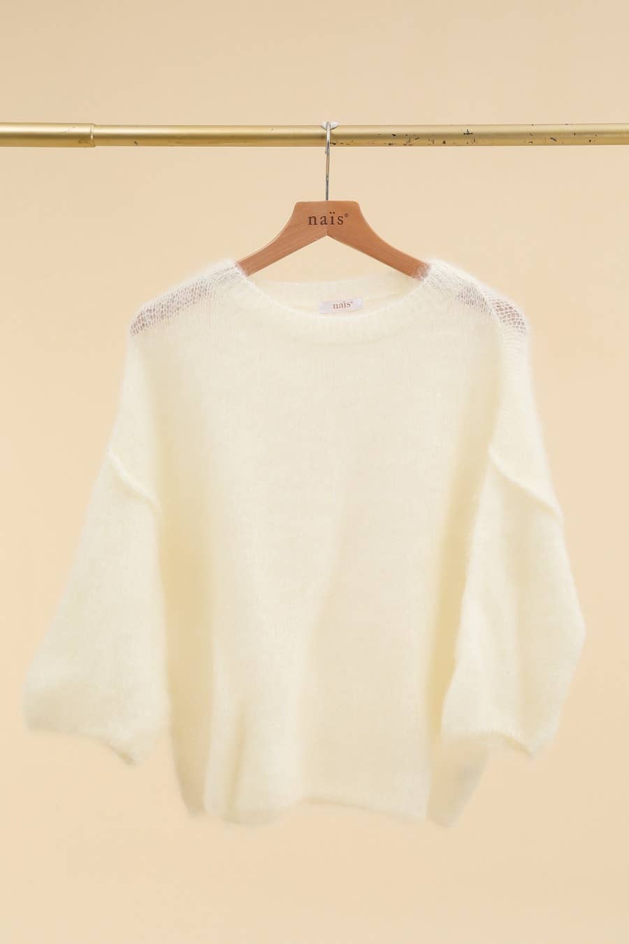 SHORT SLEEVE ROUND NECK SWEATER IN 80% KID MOHAIR: Ecru / One size