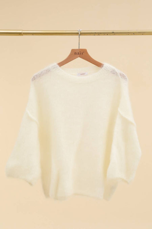 SHORT SLEEVE ROUND NECK SWEATER IN 80% KID MOHAIR: Ecru / One size