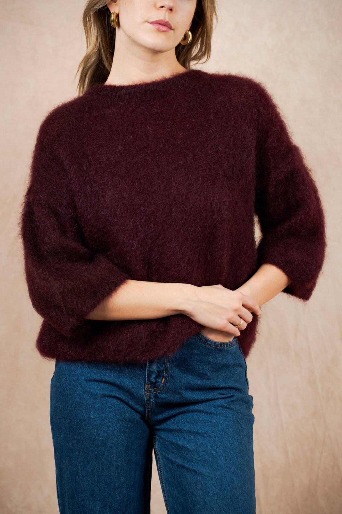 SHORT SLEEVE ROUND NECK SWEATER IN 80% KID MOHAIR: Beige / One size