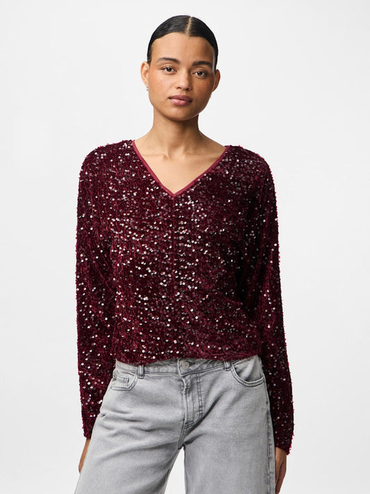 PCKAM LS V-NECK TOP JRS BC Paljettipusero