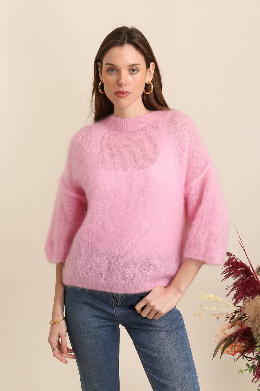 SHORT SLEEVE ROUND NECK SWEATER IN 80% KID MOHAIR: Ecru / One size