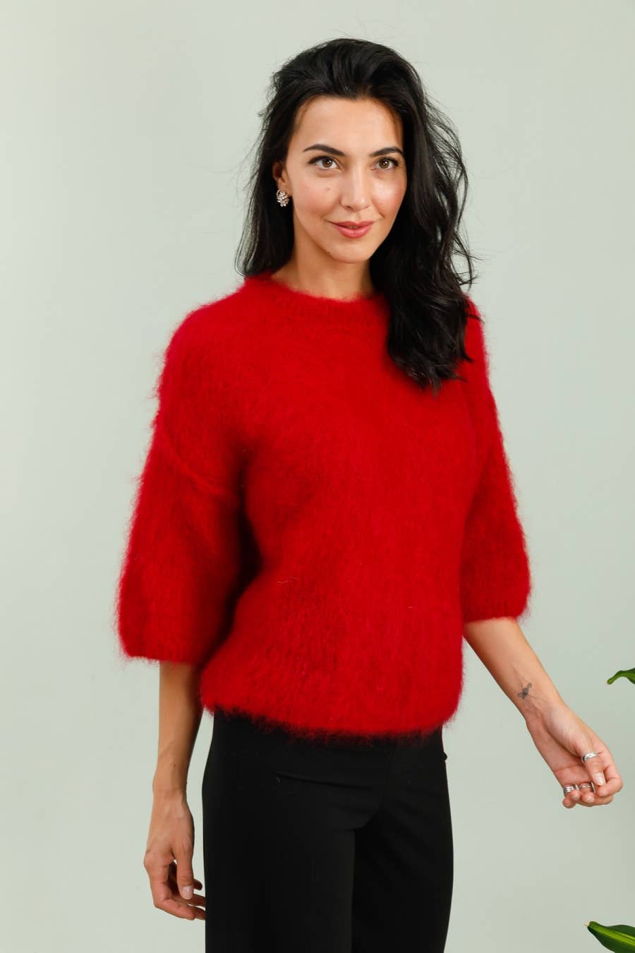 SHORT SLEEVE ROUND NECK SWEATER IN 80% KID MOHAIR: Ecru / One size