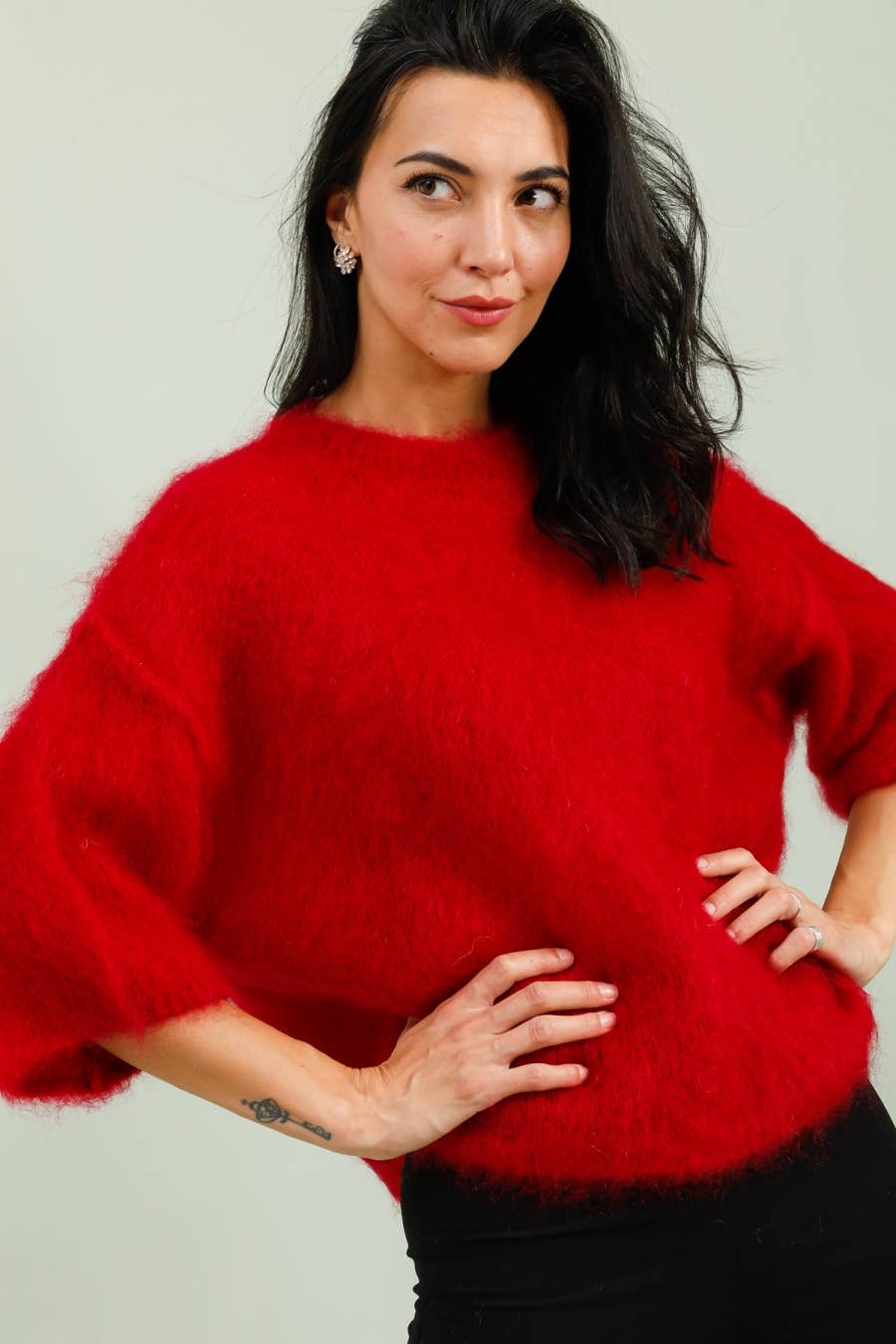 SHORT SLEEVE ROUND NECK SWEATER IN 80% KID MOHAIR: Beige / One size
