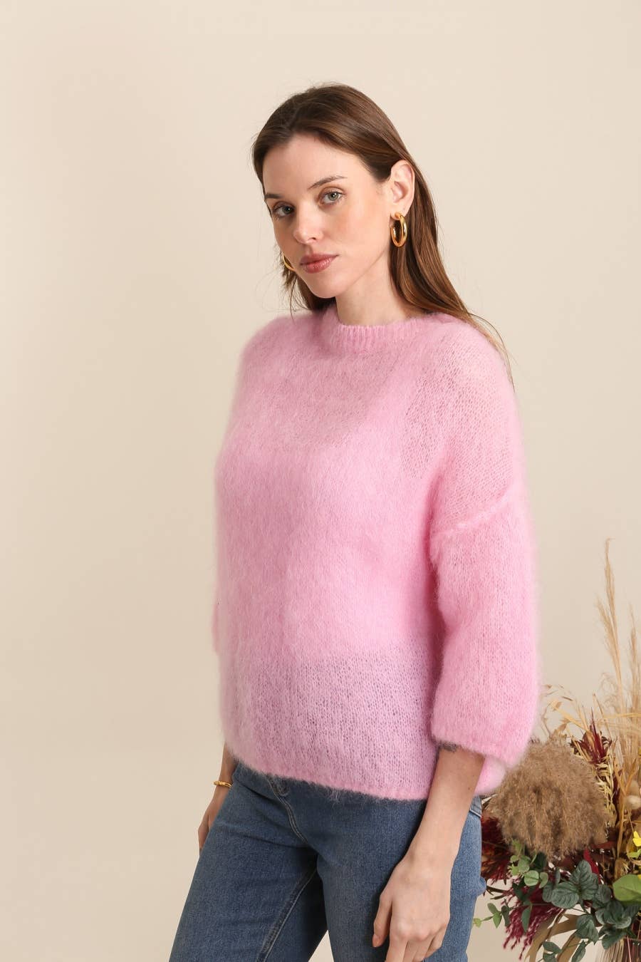 SHORT SLEEVE ROUND NECK SWEATER IN 80% KID MOHAIR: Beige / One size
